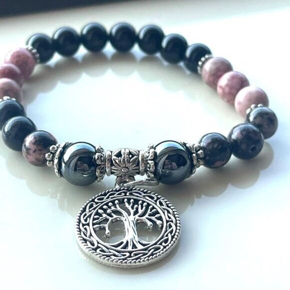 Rose coral jasper rhodonite hematite obsidian tree of life ONE NEW stretch brace - Picture 1 of 16